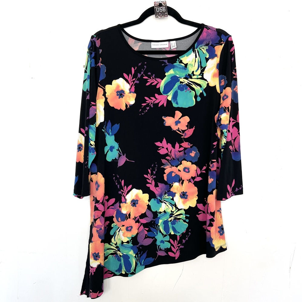 Karen Kane Black Multicolor Floral Asymmetrical Tunic